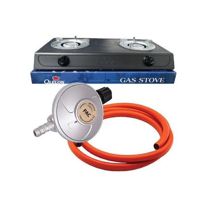 OLELON 2-Burner Gas Cooker - Stainless Steel, Black, Auto Ignition, Includes 6kg Regulator & Pipe