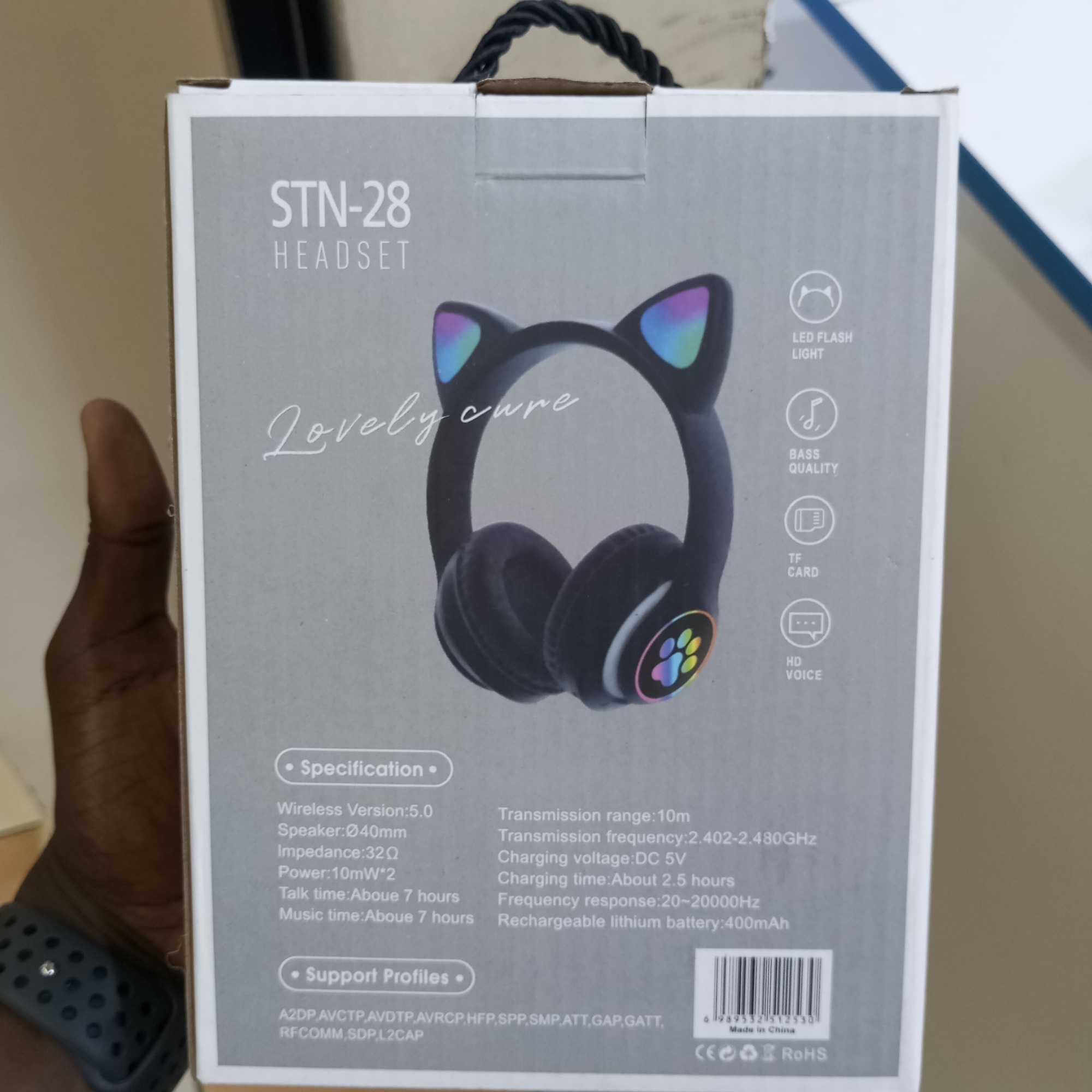 CAT STN-28 Pro Black Wireless Headphones with RGB Lights and foldable storage – Type-C Charging