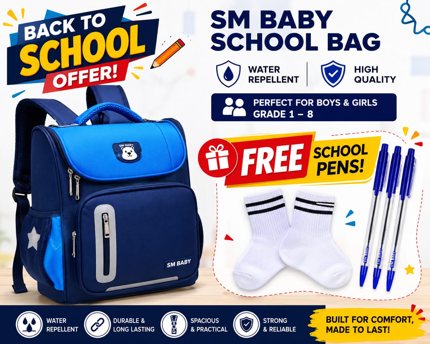 ✨BACK TO SCHOOL  OFFER!! SM Baby High-Quality Water-Repellent School Bag for Boys & Girls (Grades 1–8) with FREE School Pens Included!