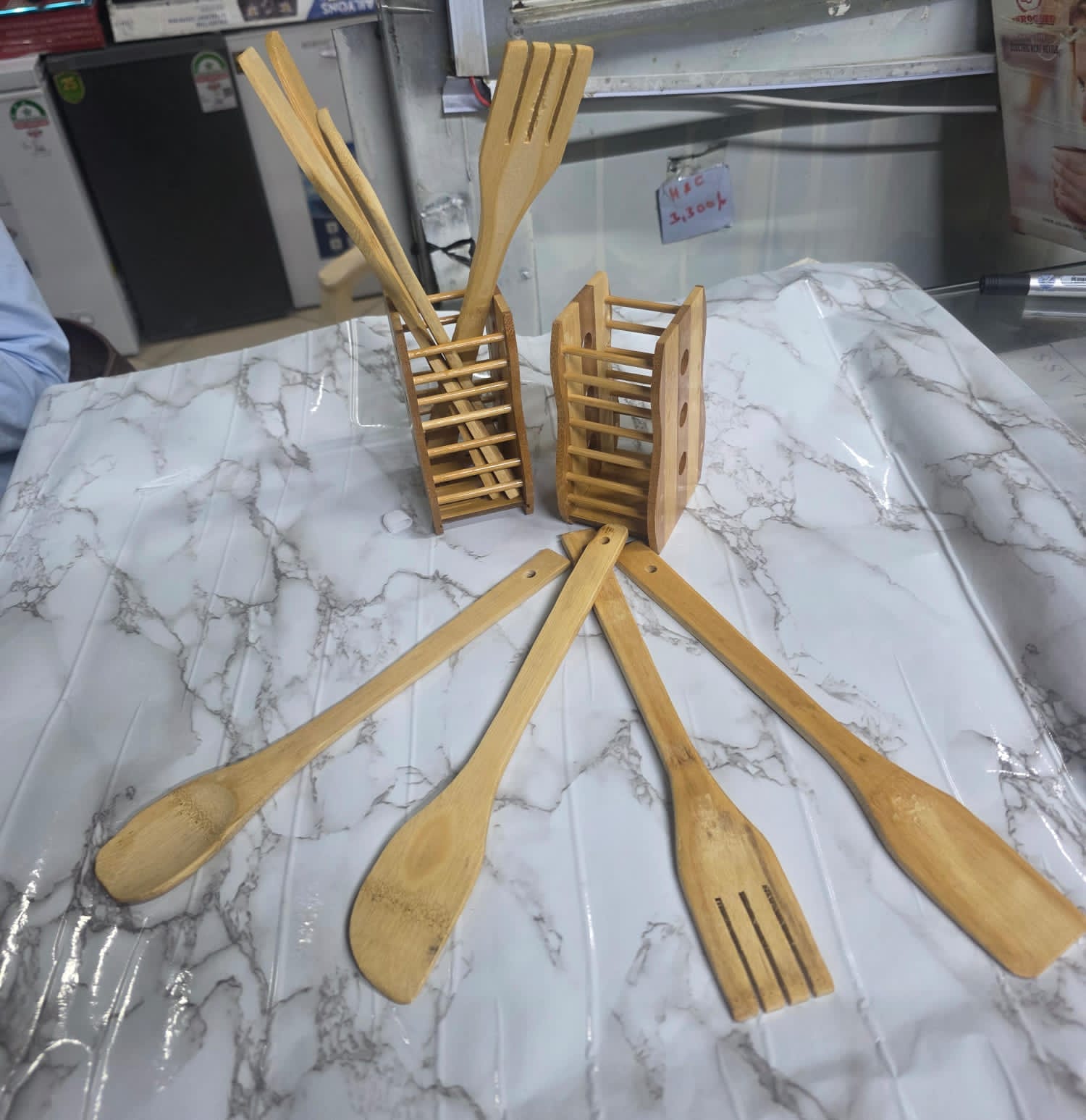 SPOON SET. bamboo elegant set with spoon holder, Durable, lightweight, and easy to clean, Gentle on non-stick cookware