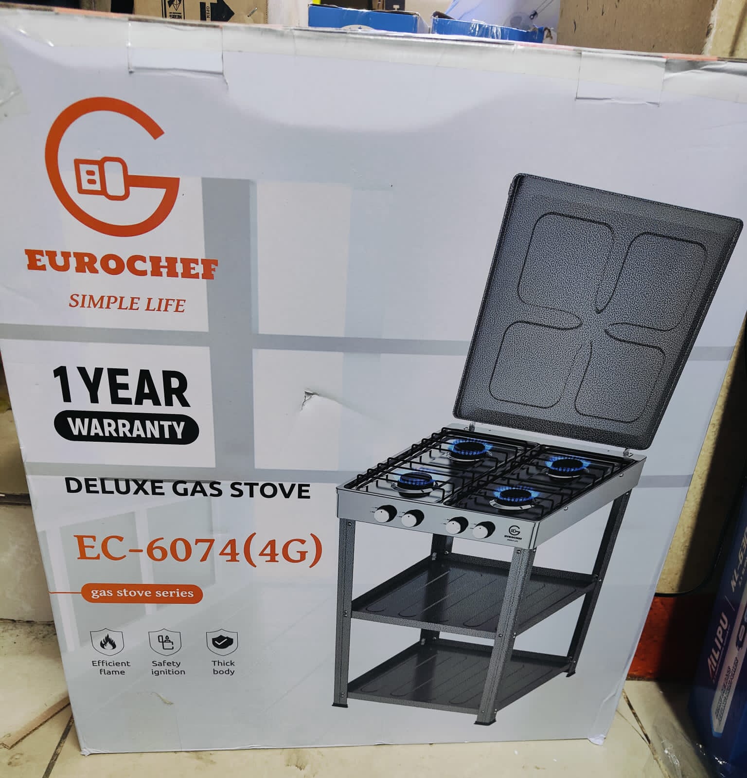 Eurochef Full Gas Standing Cooker with Shelves Deluxe Kitchen Stove 4 Burner Cooker with gas Plate Storage Racks Durable Fast Heating Home Appliance