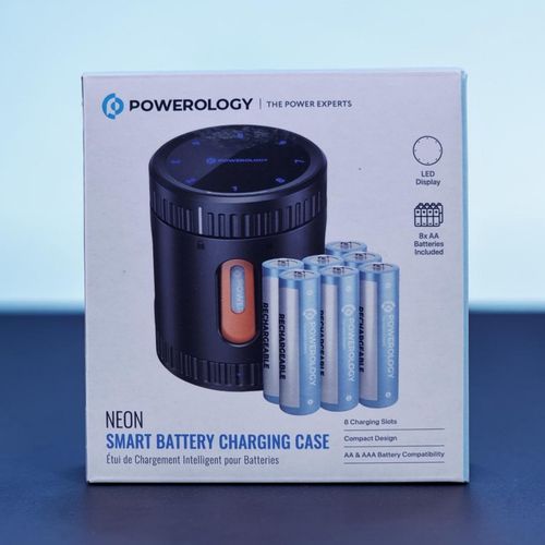 Powerology 8 eight rechargeable AA camera batteries battery with Neon Smart Charging Case