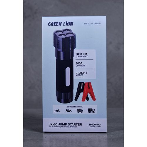 Green Lion JX-80 12V Jump Starter 3-in-1 Multifunctional Device Car Starter, Power Bank, and Flashlight- 4L Gasoline, 2.5L Diesel Engines, 16000mAh