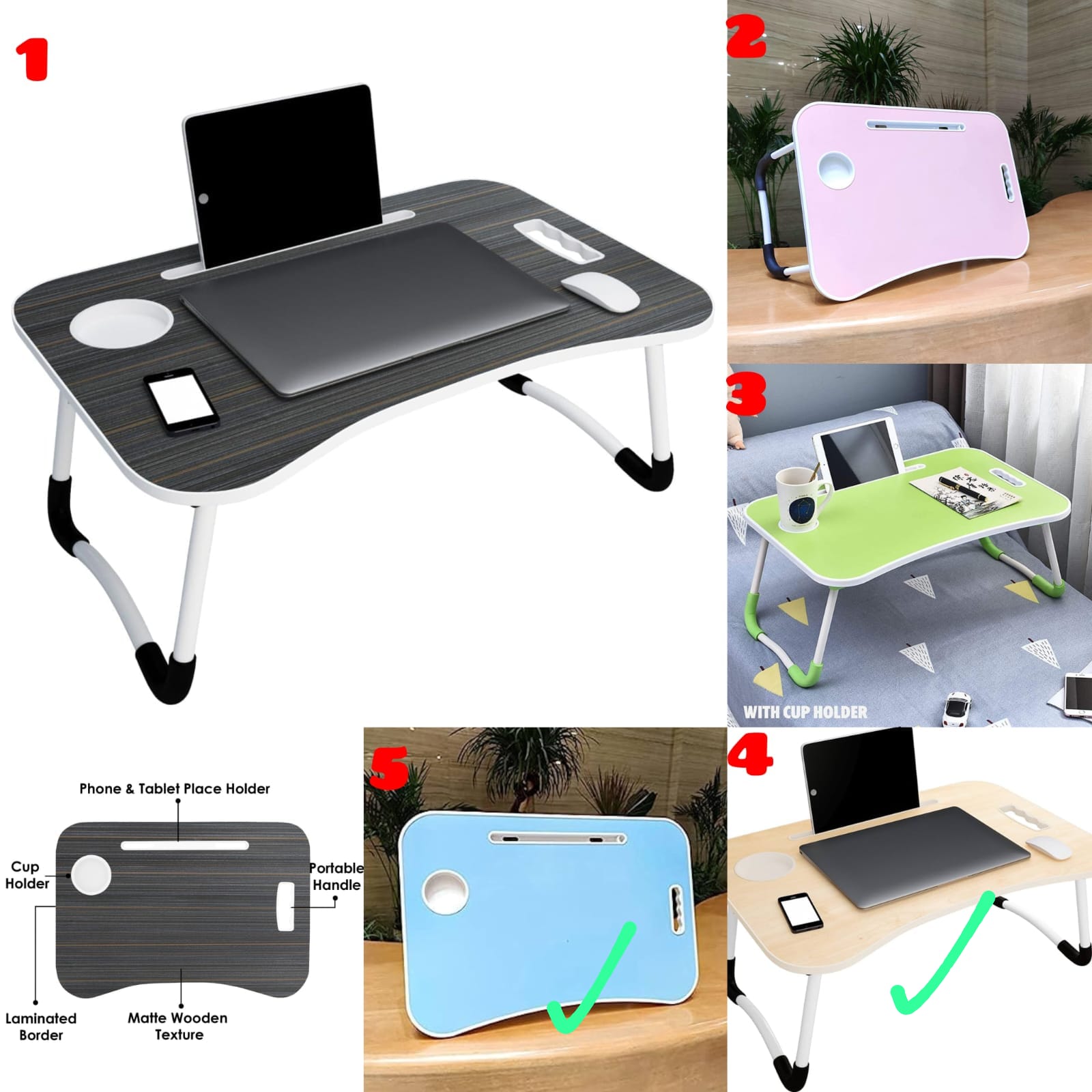 Foldable Adjustable Laptop Bed Table – Portable Breakfast Tray Stand for Laptop, PC, Tablet (60×40×28cm) with Handle