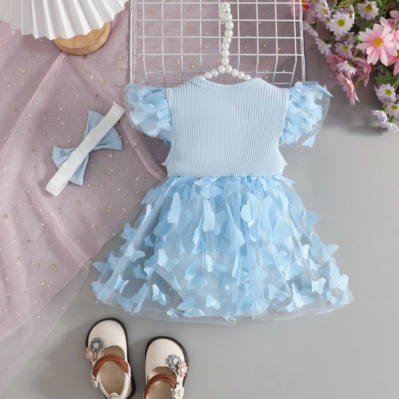 Baby Clothes Baby Girl 2PCS Floral Ruffle Sleeve Romper Dress Set Ribbed Triangle Bodysuit with Bow Skirt Hem and Headband Outfit Baby Girls Sets
