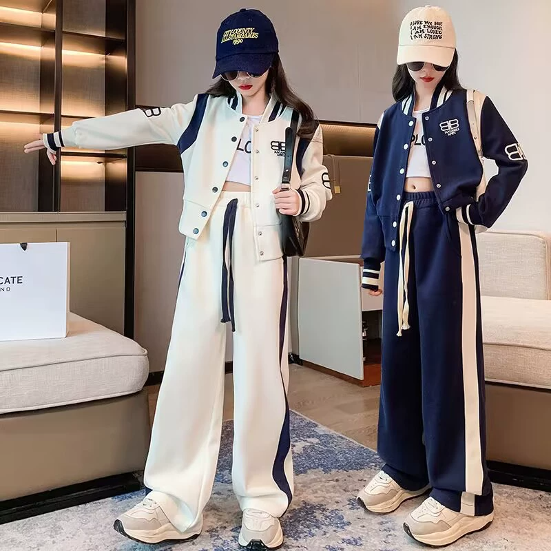 Girls Clothes Kid Sports Baseball Jacket and Pants Clothing Set Fashion Casual Outfit for Big Children Girl Coat and Long Trousers