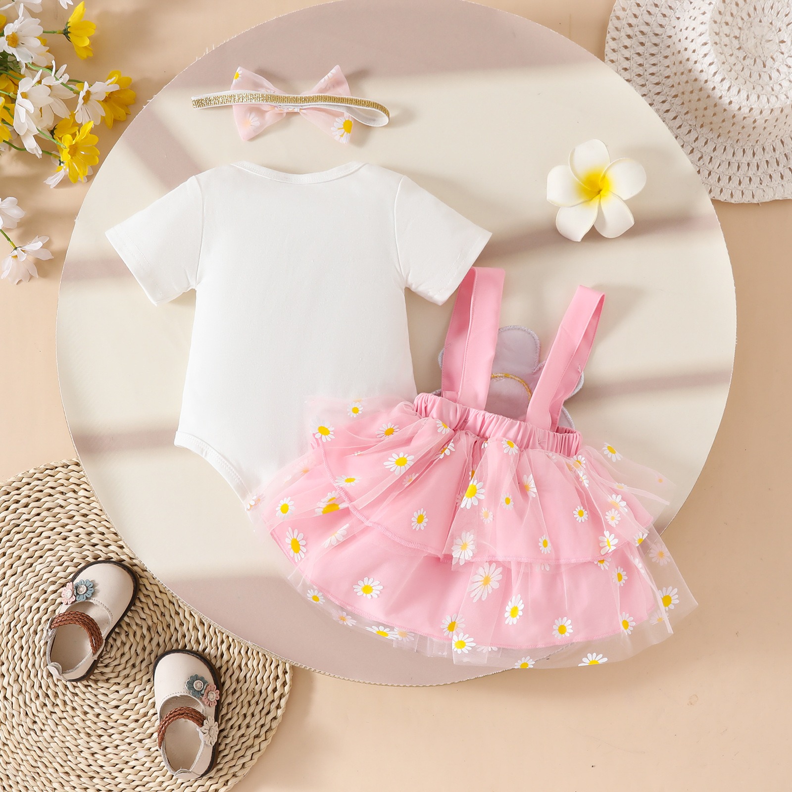 3PCS Outfit Set Newborn Baby Girl Strawberry Floral Short Sleeve Romper Mesh Tutu Suspender Dress with Headband  for 0-1 Year Baby Girl Clothes Girls Clothing Set