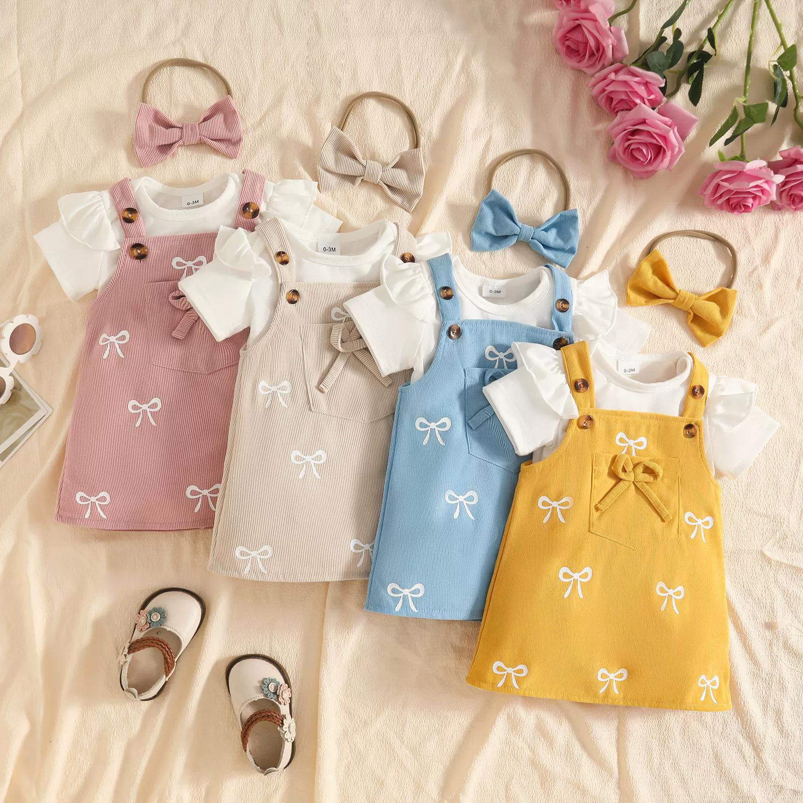 3PCS Baby Girl Summer Outfit Set Solid Color Short Sleeve Romper Bow Print Suspender Dress and Headband Baby Clothes Girl Clothing Set
