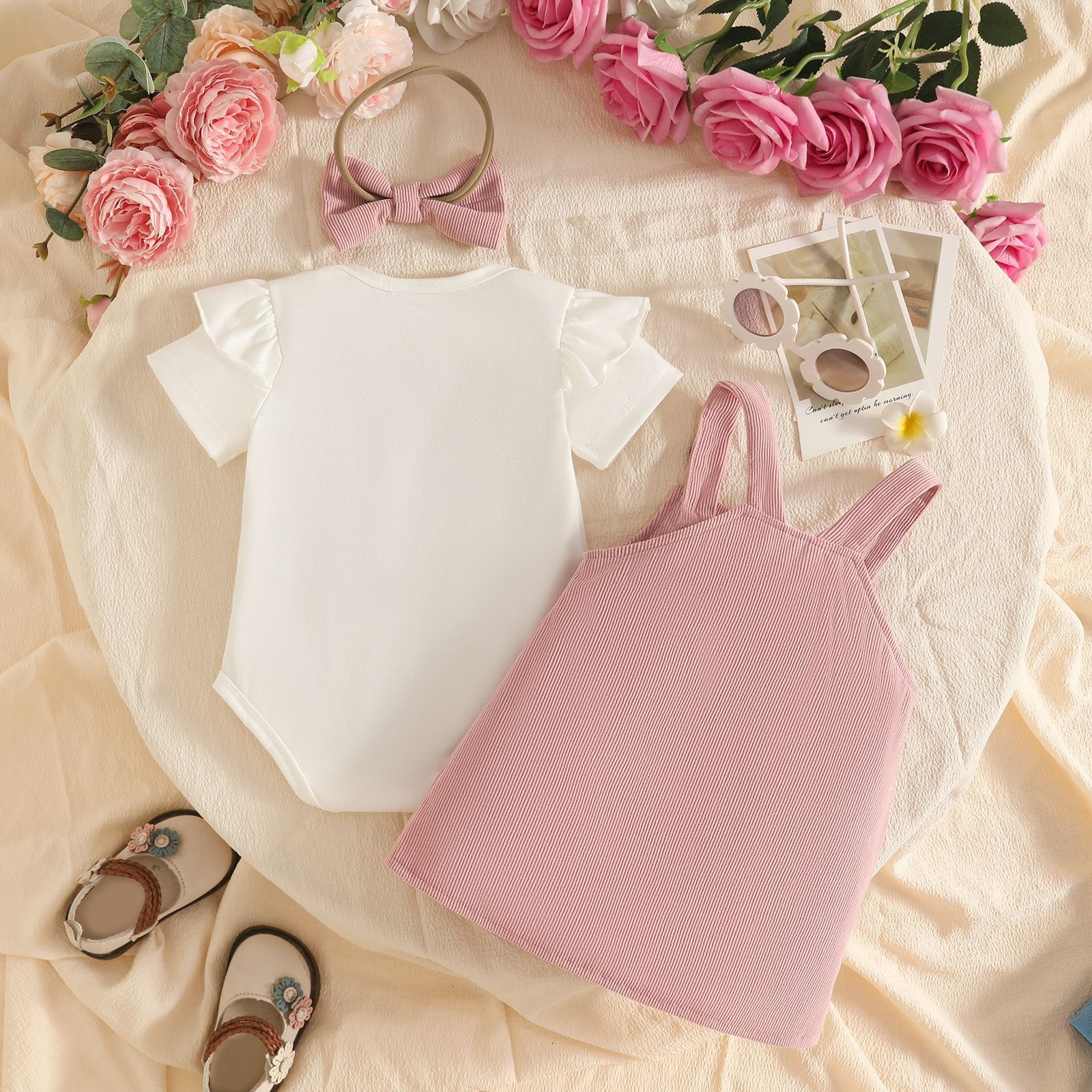 3PCS Baby Girl Summer Outfit Set Solid Color Short Sleeve Romper Bow Print Suspender Dress and Headband Baby Clothes Girl Clothing Set