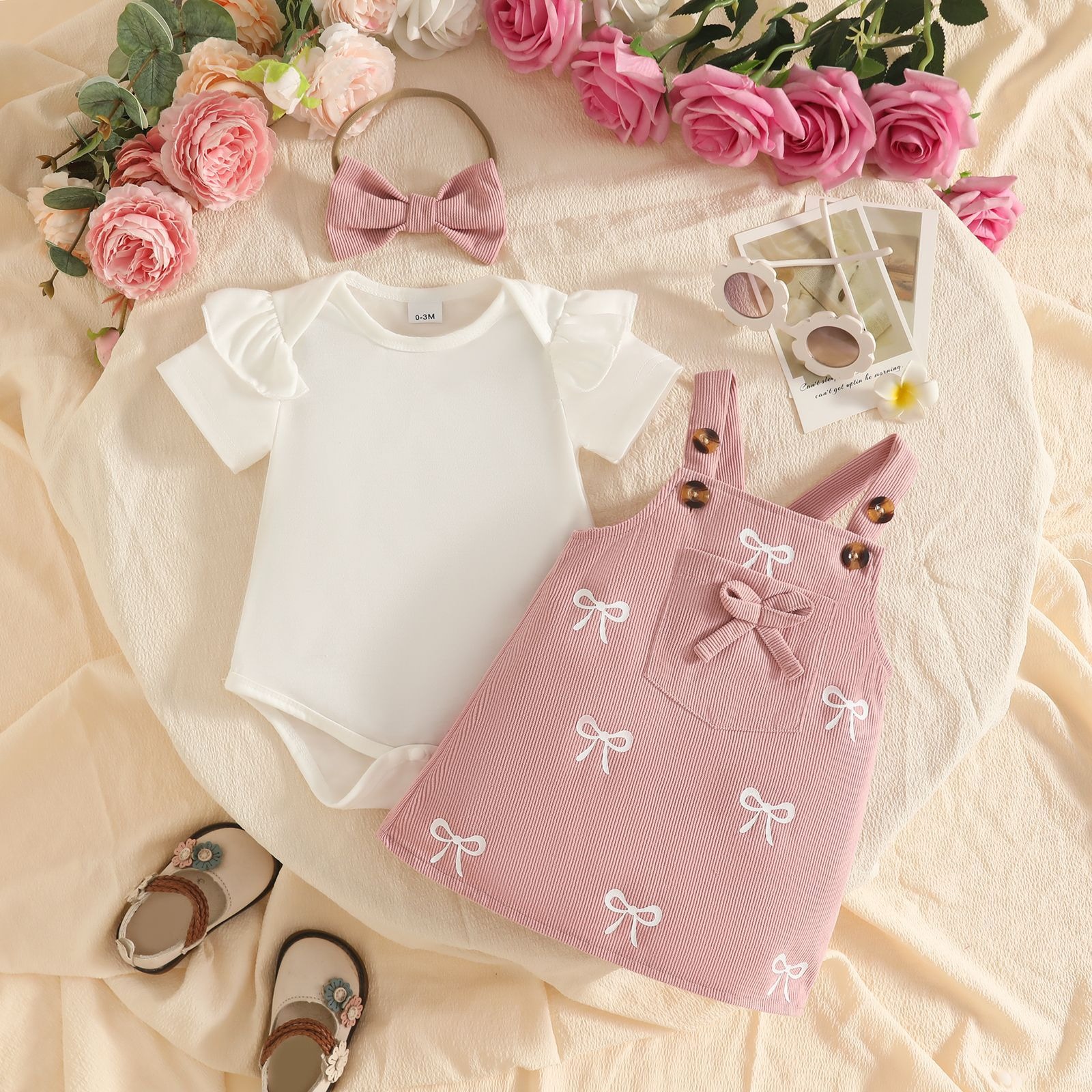 3PCS Baby Girl Summer Outfit Set Solid Color Short Sleeve Romper Bow Print Suspender Dress and Headband Baby Clothes Girl Clothing Set