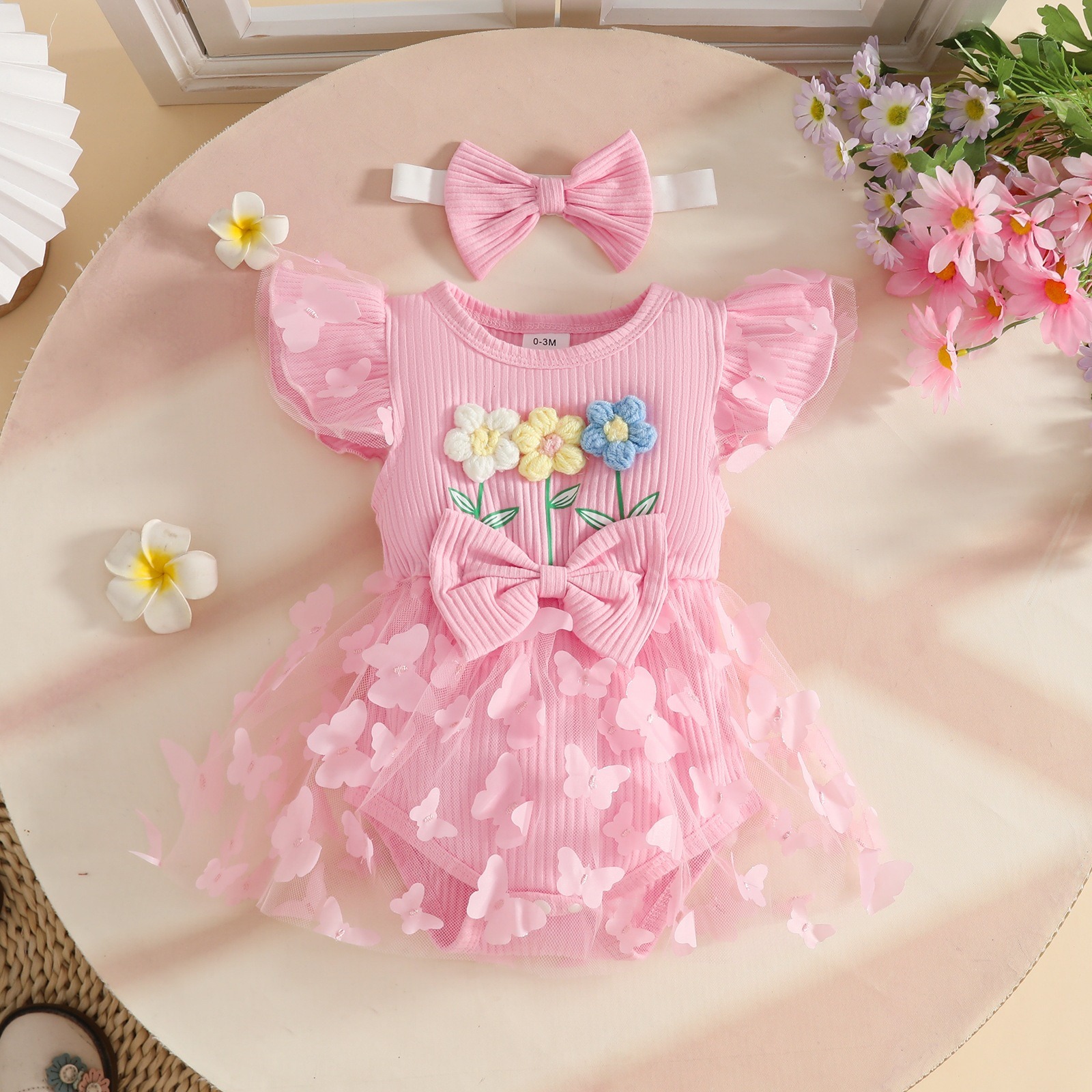 Baby Clothes Baby Girl 2PCS Floral Ruffle Sleeve Romper Dress Set Ribbed Triangle Bodysuit with Bow Skirt Hem and Headband Outfit Baby Girls Sets