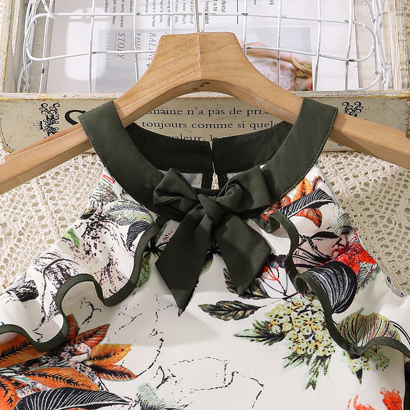 2Pcs Girl Clothes Kid Clothing Set New Elegant Floral Print Ruffle Off-Shoulder Short Sleeve Top & Wide Leg Pants 2-Piece Girls Outfit Set