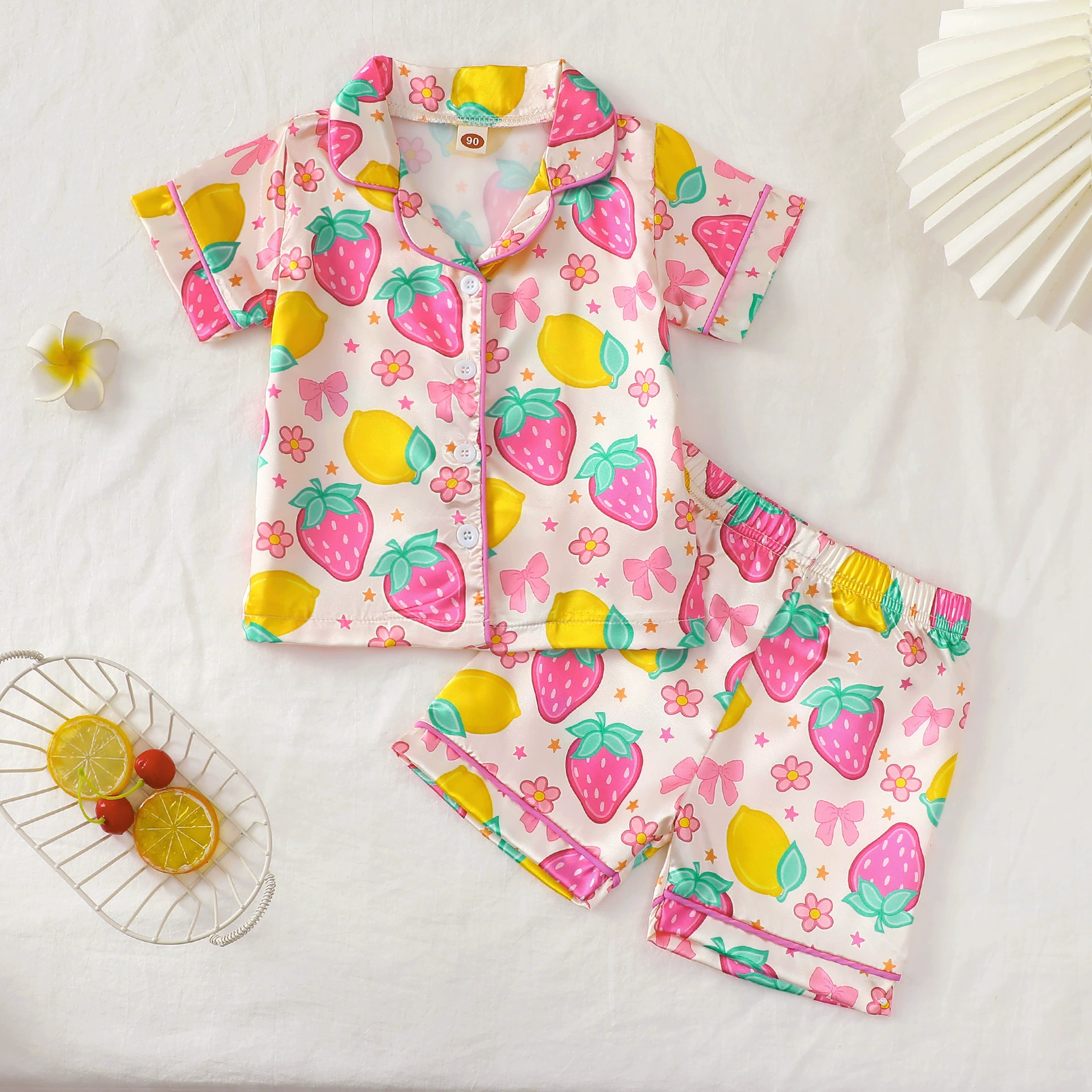 Girl Clothes Kid Pajamas Ice Silk Cartoon Print Sweet Sleepwear for 8 to 12 Years Old Girls Short Top and Shorts Trousers Pants Home Wear for Children