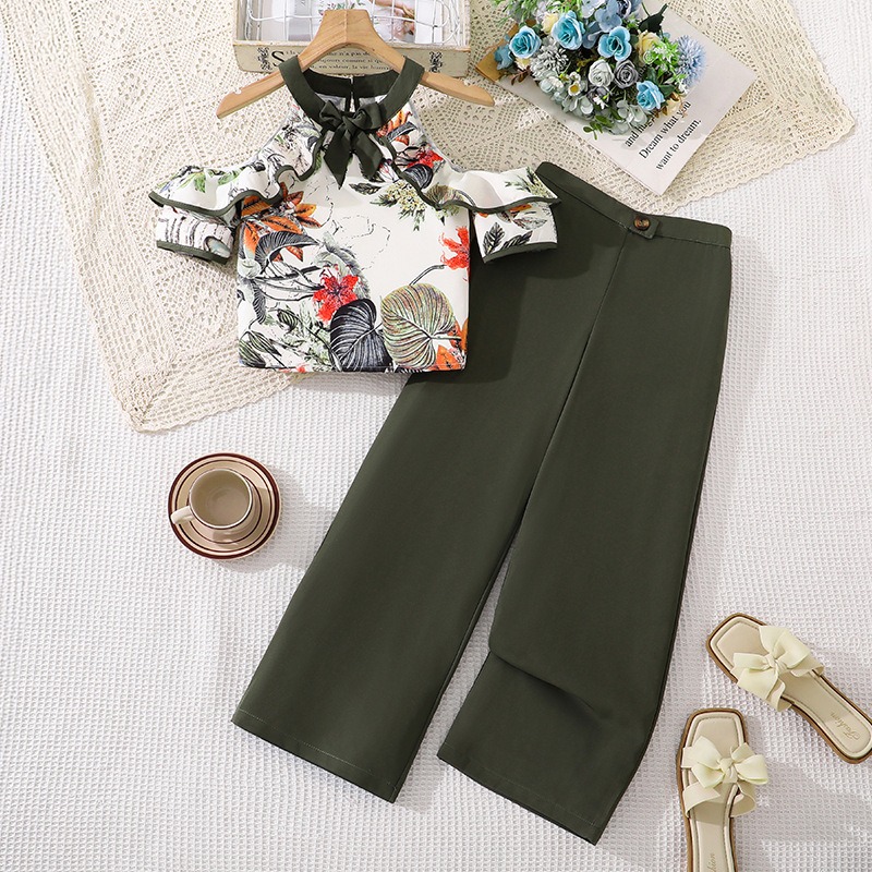 2Pcs Girl Clothes Kid Clothing Set New Elegant Floral Print Ruffle Off-Shoulder Short Sleeve Top & Wide Leg Pants 2-Piece Girls Outfit Set