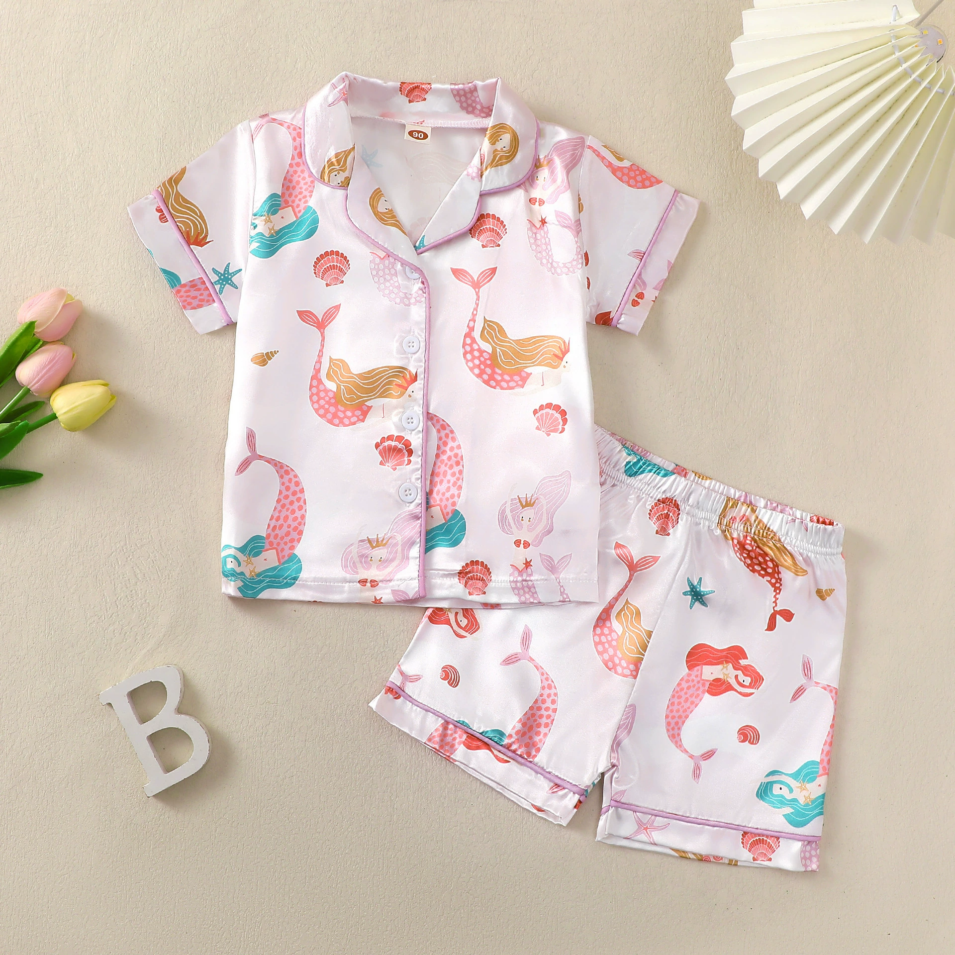 Girl Clothes Kid Pajamas Ice Silk Cartoon Print Sweet Sleepwear for 8 to 12 Years Old Girls Short Top and Shorts Trousers Pants Home Wear for Children