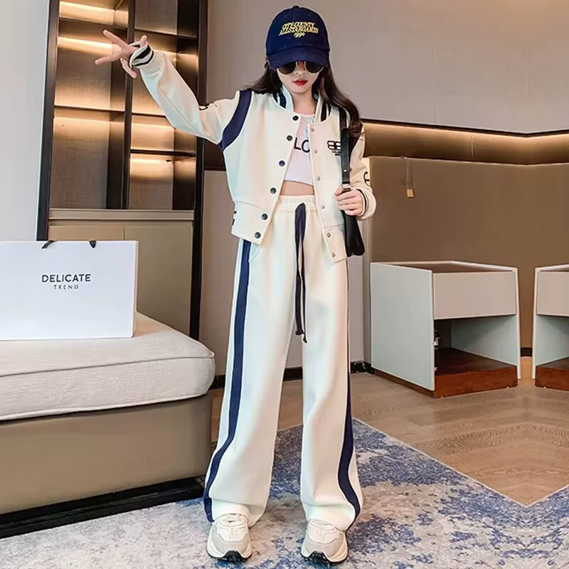 Girls Clothes Kid Sports Baseball Jacket and Pants Clothing Set Fashion Casual Outfit for Big Children Girl Coat and Long Trousers