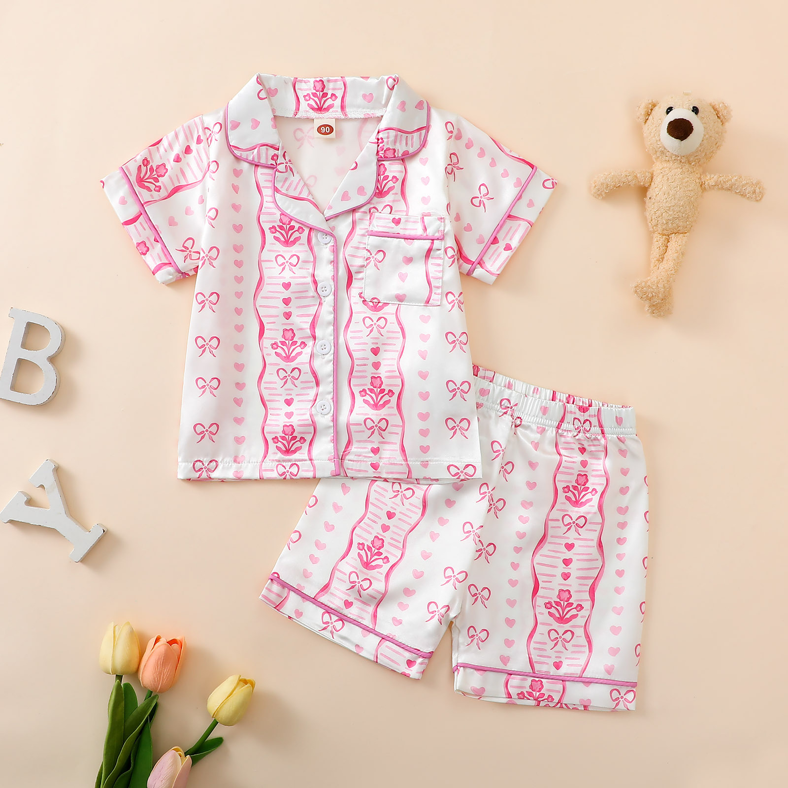 Girl Clothes Kid Pajamas Ice Silk Cartoon Print Sweet Sleepwear for 8 to 12 Years Old Girls Short Top and Shorts Trousers Pants Home Wear for Children