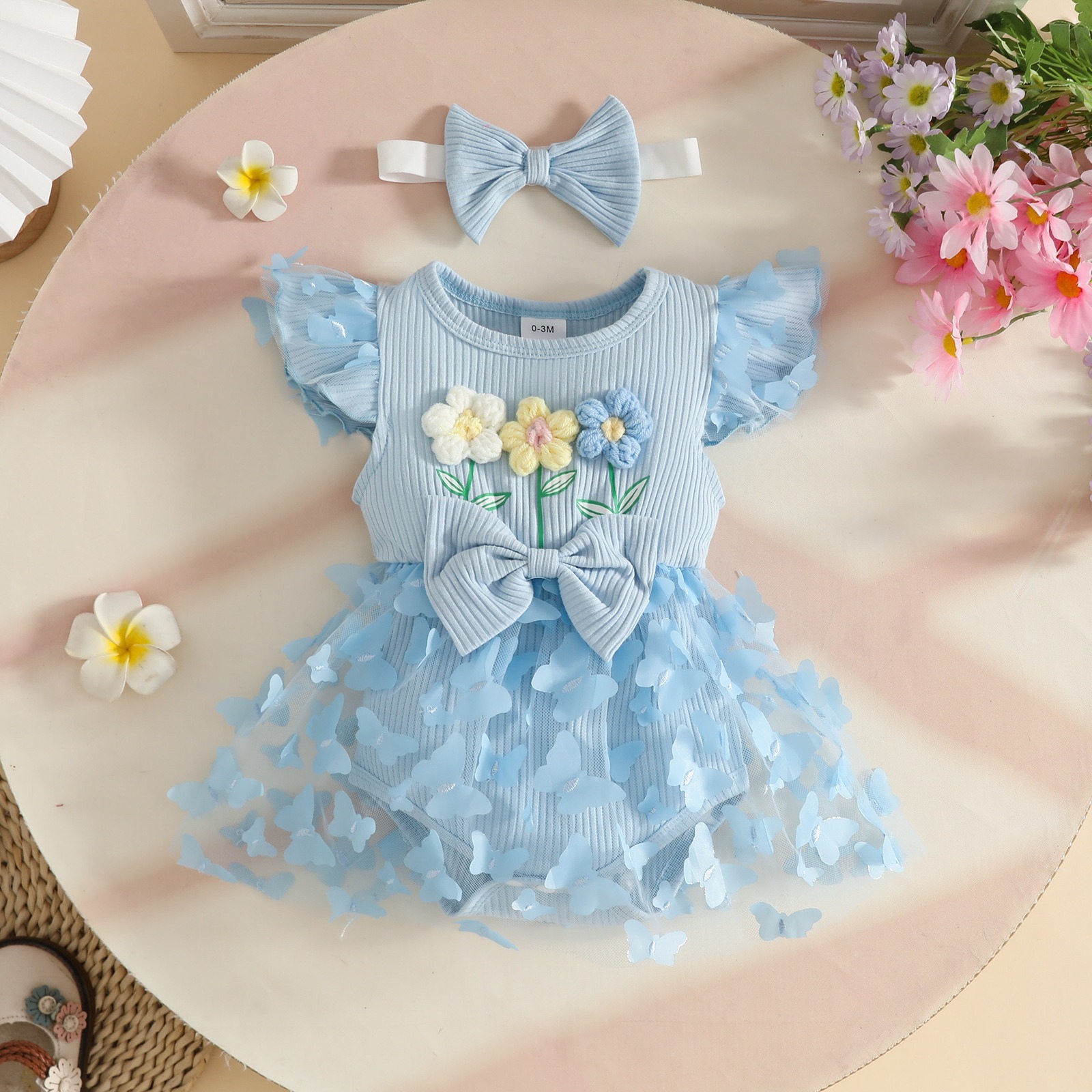 Baby Clothes Baby Girl 2PCS Floral Ruffle Sleeve Romper Dress Set Ribbed Triangle Bodysuit with Bow Skirt Hem and Headband Outfit Baby Girls Sets
