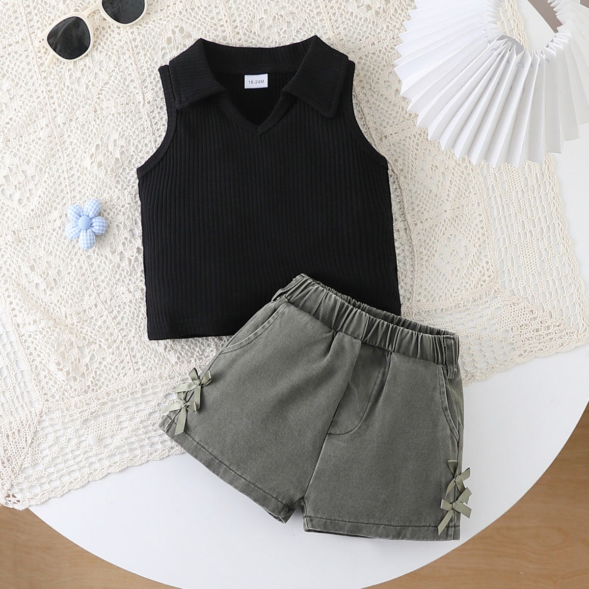 Baby Clothes Girl Clothing Set Newborn Baby Girls 2PCS Outfit Sleeveless Stand Collar Top with Washed Denim Shorts Set for 3 Months-3 Years Girls