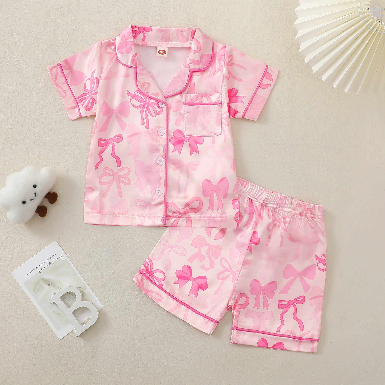 Girl Clothes Kid Pajamas Ice Silk Cartoon Print Sweet Sleepwear for 8 to 12 Years Old Girls Short Top and Shorts Trousers Pants Home Wear for Children