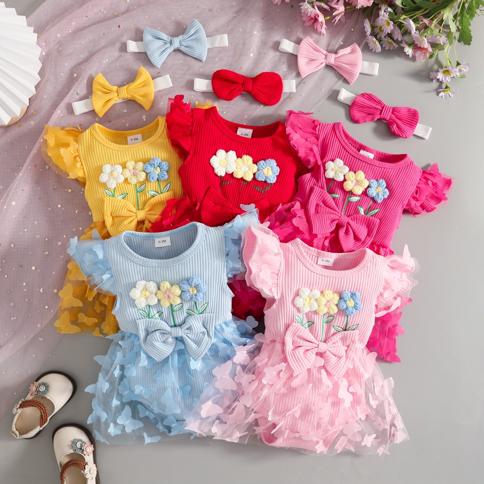 Baby Clothes Baby Girl 2PCS Floral Ruffle Sleeve Romper Dress Set Ribbed Triangle Bodysuit with Bow Skirt Hem and Headband Outfit Baby Girls Sets