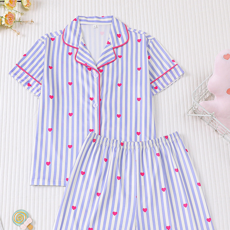 Girl Clothes Kid Pajamas Ice Silk Cute Print Sweet Sleepwear for 8 to 12 Years Old Girls Short Top and Shorts Trousers Pants Home Wear for Children