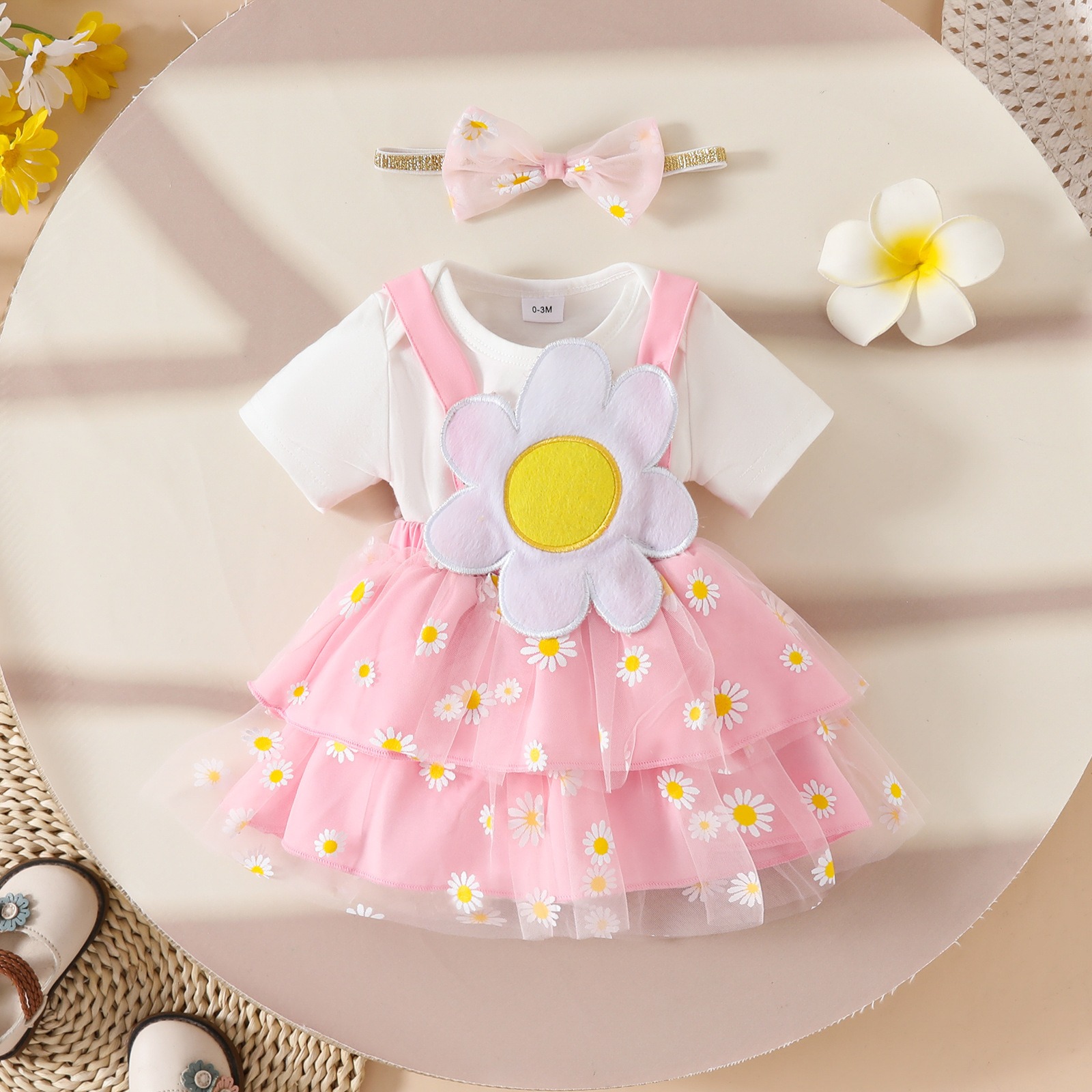 3PCS Outfit Set Newborn Baby Girl Strawberry Floral Short Sleeve Romper Mesh Tutu Suspender Dress with Headband  for 0-1 Year Baby Girl Clothes Girls Clothing Set