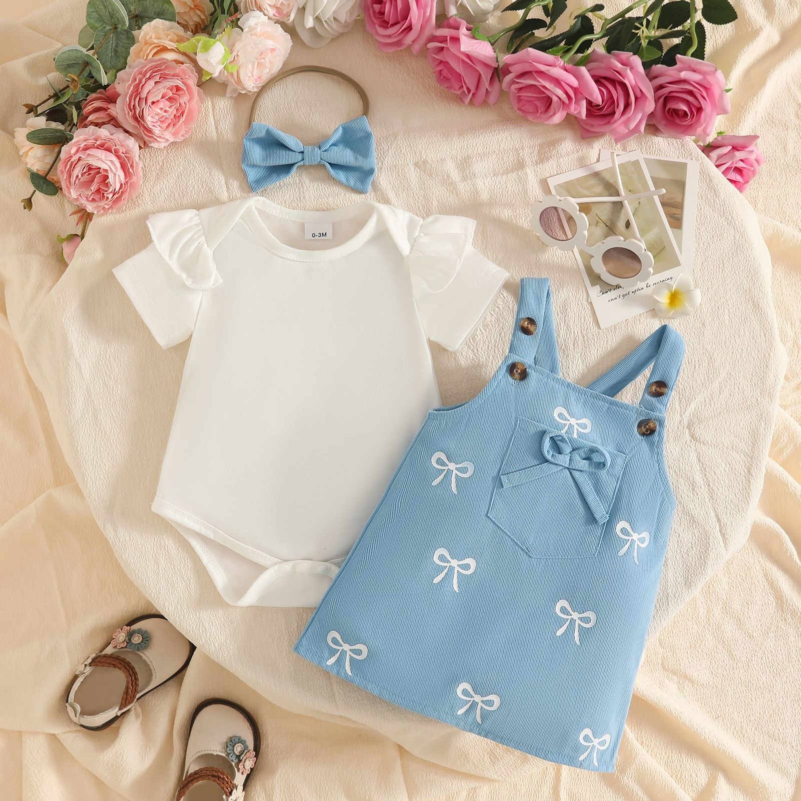 3PCS Baby Girl Summer Outfit Set Solid Color Short Sleeve Romper Bow Print Suspender Dress and Headband Baby Clothes Girl Clothing Set