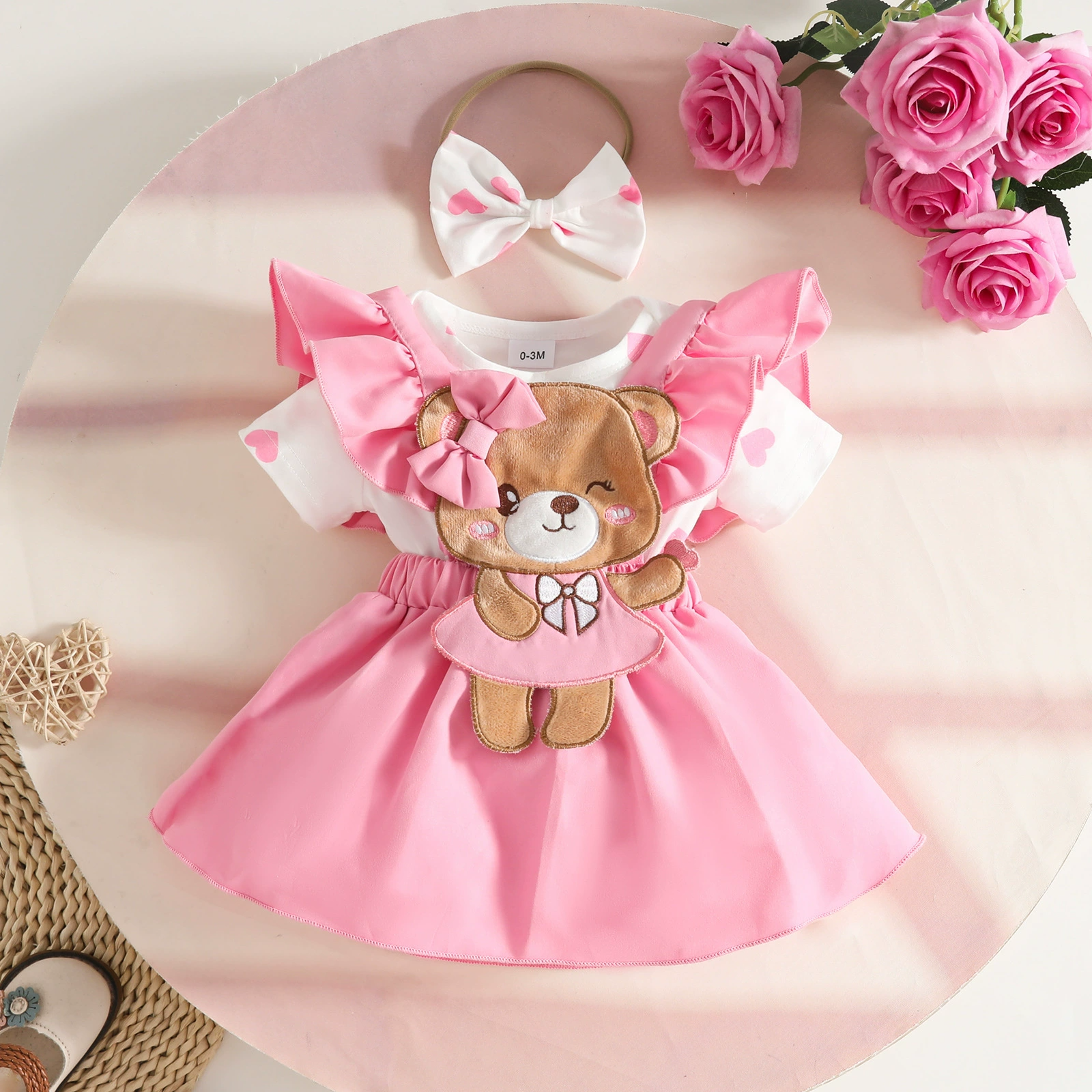 2026 Baby Girl 3PCS Outfit Set Short Sleeve Heart Printed Romper for 0-18 Months Baby Girls Bodysuit Bear Strapless Dress with Bow Headband Infant Clothes
