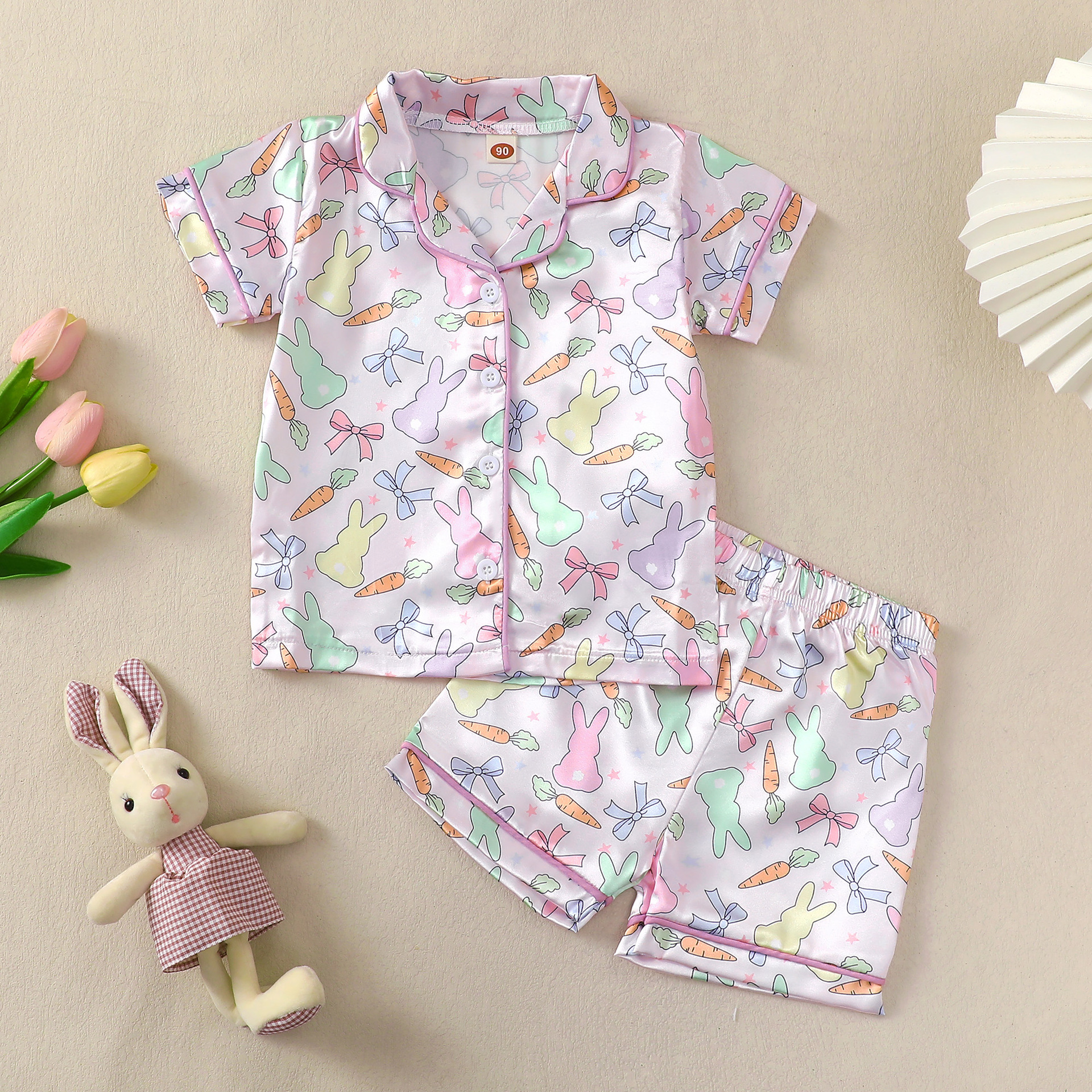 Girl Clothes Kid Pajamas Ice Silk Cartoon Print Sweet Sleepwear for 8 to 12 Years Old Girls Short Top and Shorts Trousers Pants Home Wear for Children