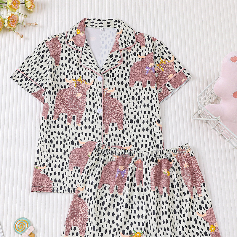 Girl Clothes Kid Pajamas Ice Silk Cute Print Sweet Sleepwear for 8 to 12 Years Old Girls Short Top and Shorts Trousers Pants Home Wear for Children