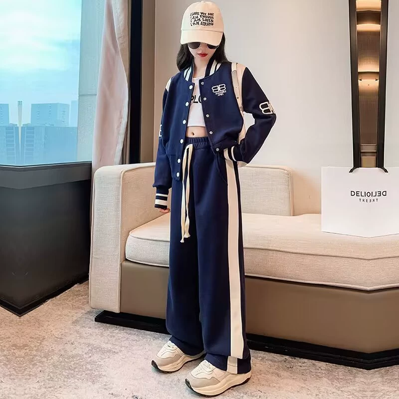 Girls Clothes Kid Sports Baseball Jacket and Pants Clothing Set Fashion Casual Outfit for Big Children Girl Coat and Long Trousers