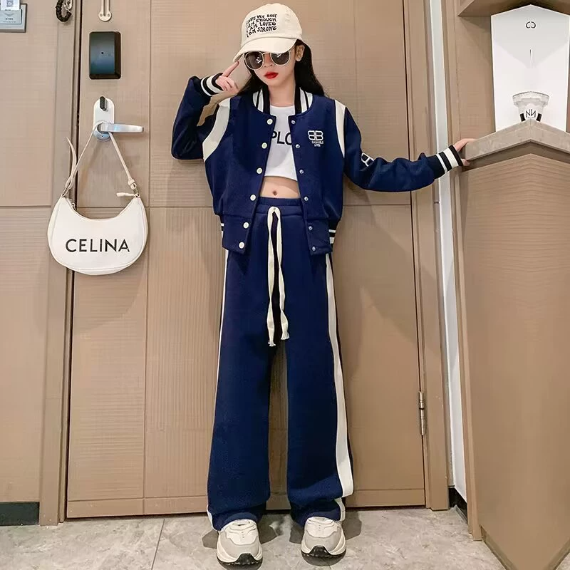 Girls Clothes Kid Sports Baseball Jacket and Pants Clothing Set Fashion Casual Outfit for Big Children Girl Coat and Long Trousers