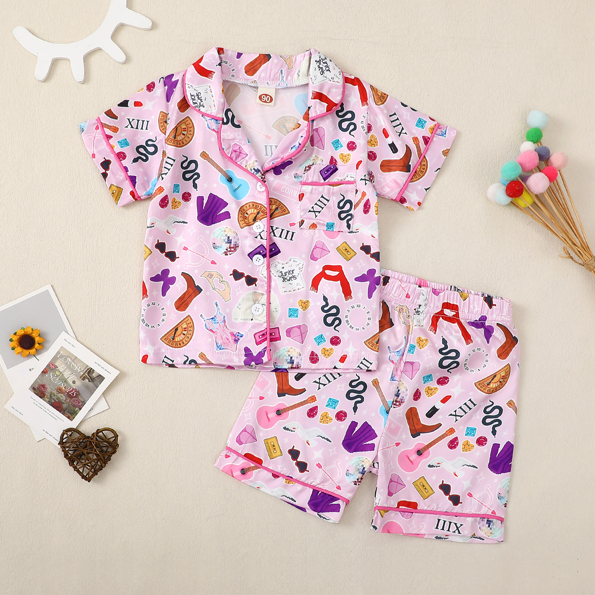 Girl Clothes Kid Pajamas Ice Silk Cartoon Print Sweet Sleepwear for 8 to 12 Years Old Girls Short Top and Shorts Trousers Pants Home Wear for Children