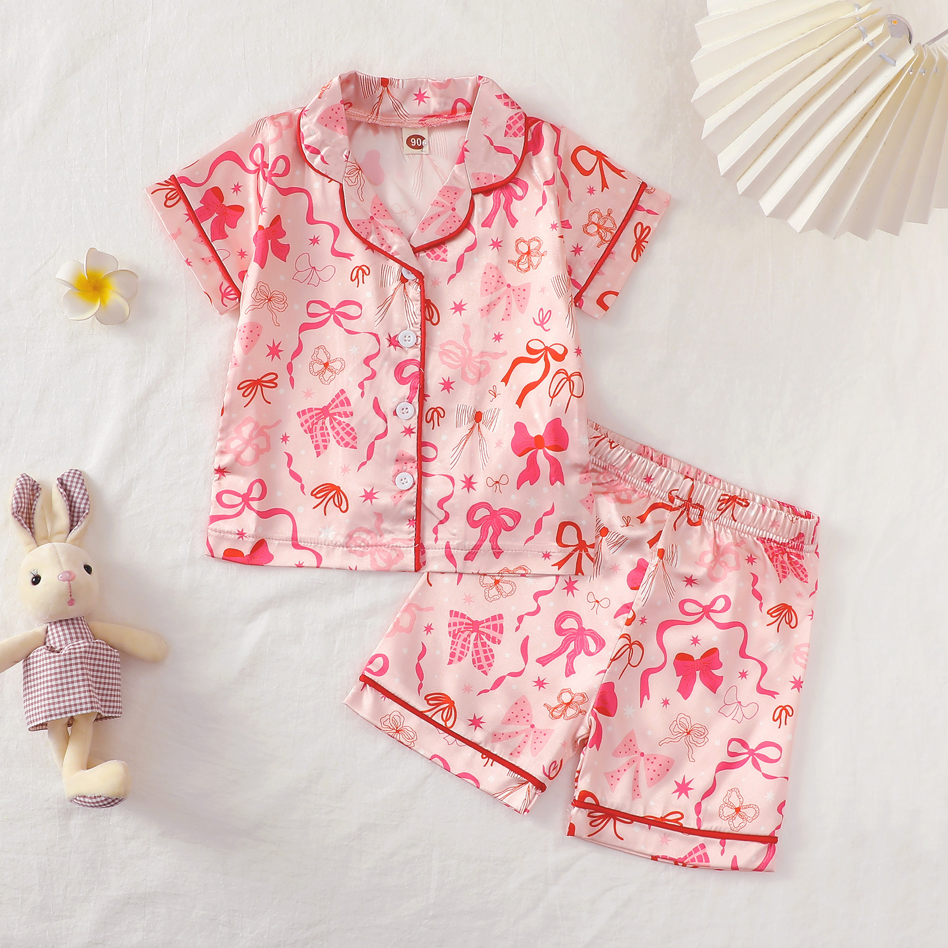 Girl Clothes Kid Pajamas Ice Silk Cartoon Print Sweet Sleepwear for 8 to 12 Years Old Girls Short Top and Shorts Trousers Pants Home Wear for Children