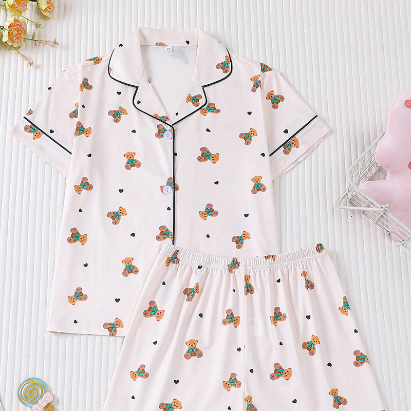 Girl Clothes Kid Pajamas Ice Silk Cute Print Sweet Sleepwear for 8 to 12 Years Old Girls Short Top and Shorts Trousers Pants Home Wear for Children
