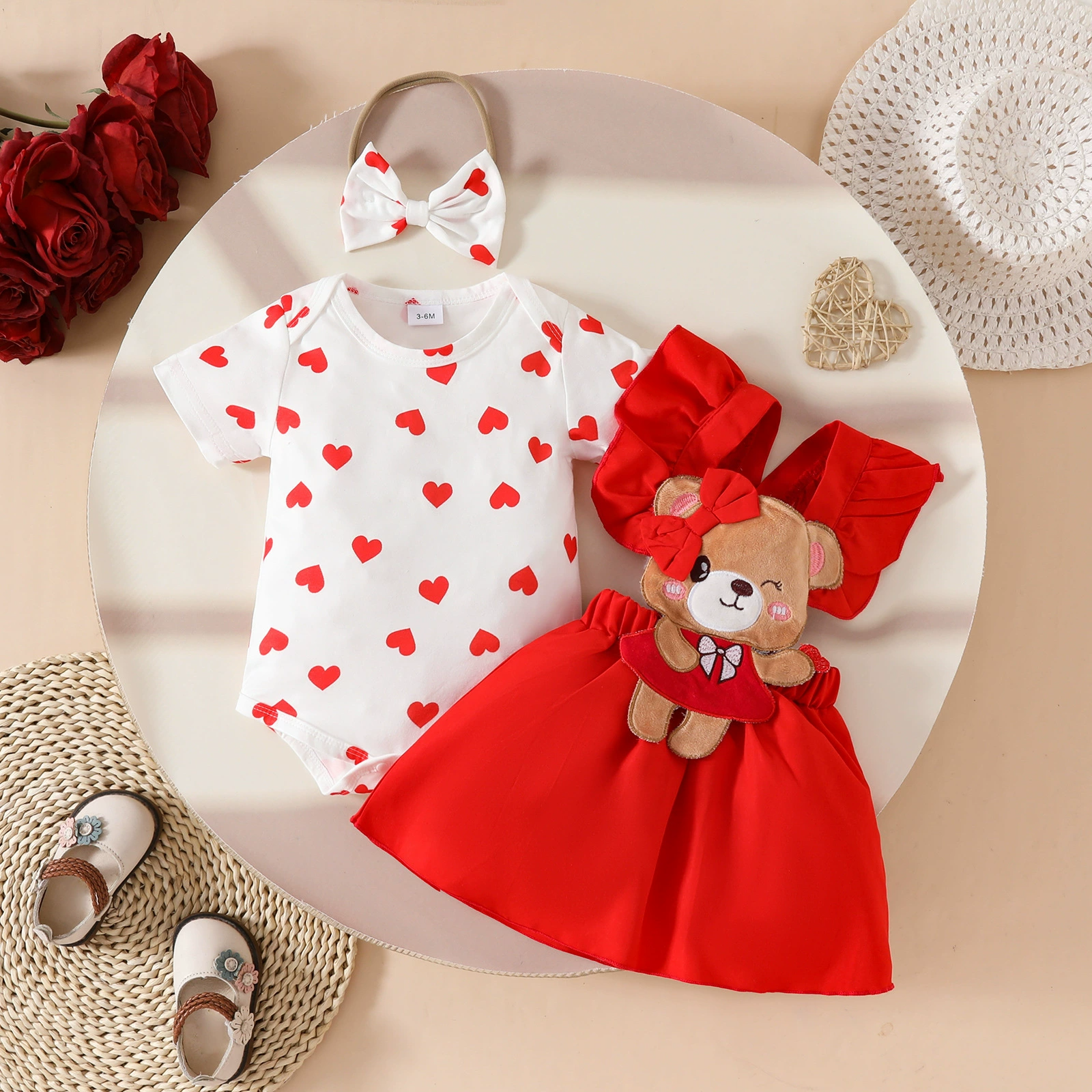 2026 Baby Girl 3PCS Outfit Set Short Sleeve Heart Printed Romper for 0-18 Months Baby Girls Bodysuit Bear Strapless Dress with Bow Headband Infant Clothes