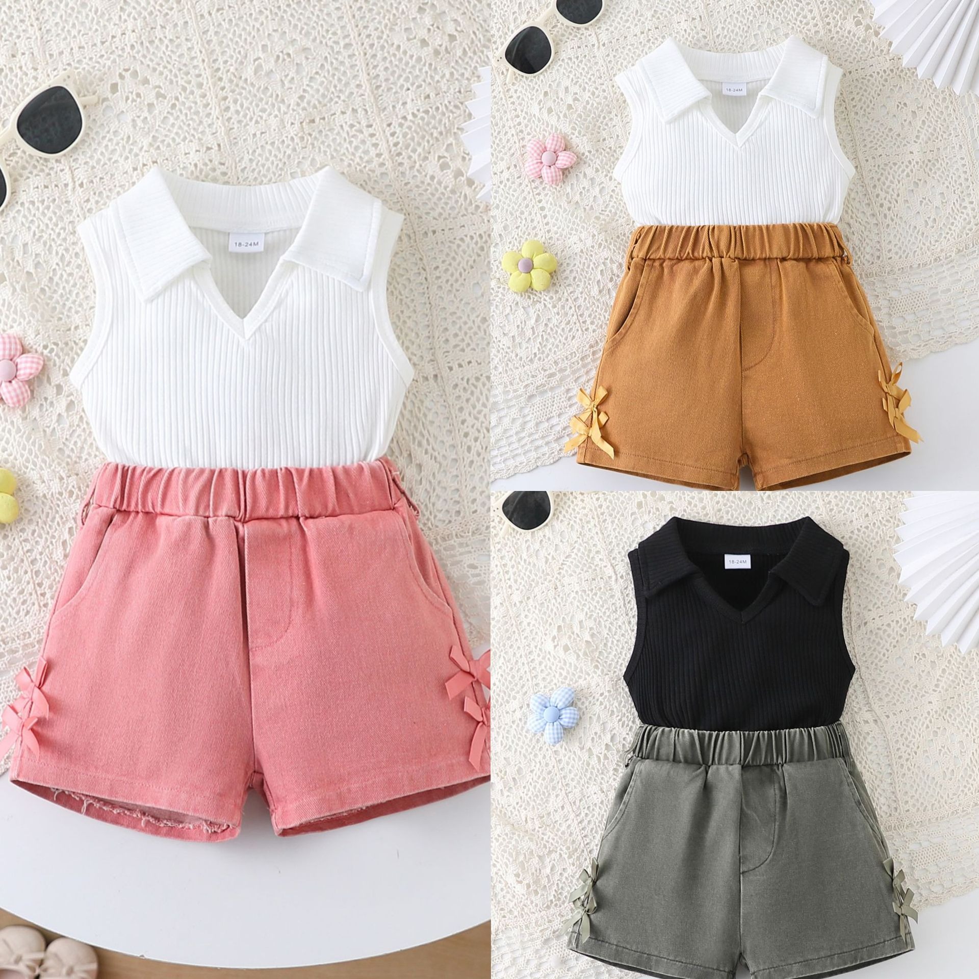 Baby Clothes Girl Clothing Set Newborn Baby Girls 2PCS Outfit Sleeveless Stand Collar Top with Washed Denim Shorts Set for 3 Months-3 Years Girls