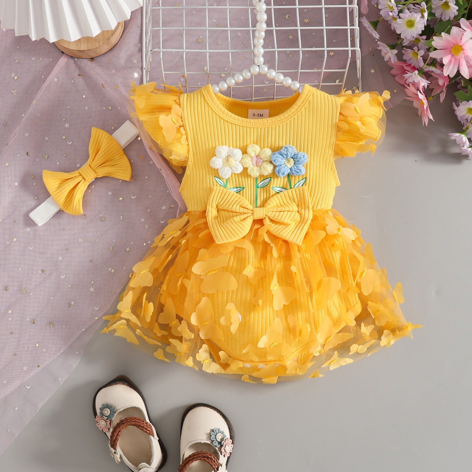 Baby Clothes Baby Girl 2PCS Floral Ruffle Sleeve Romper Dress Set Ribbed Triangle Bodysuit with Bow Skirt Hem and Headband Outfit Baby Girls Sets