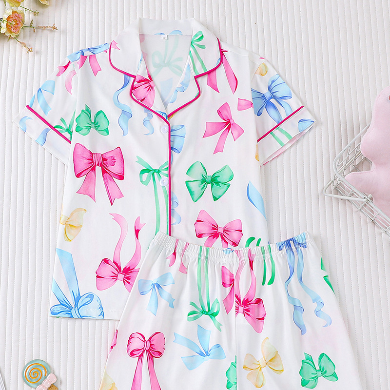 Girl Clothes Kid Pajamas Ice Silk Cute Print Sweet Sleepwear for 8 to 12 Years Old Girls Short Top and Shorts Trousers Pants Home Wear for Children
