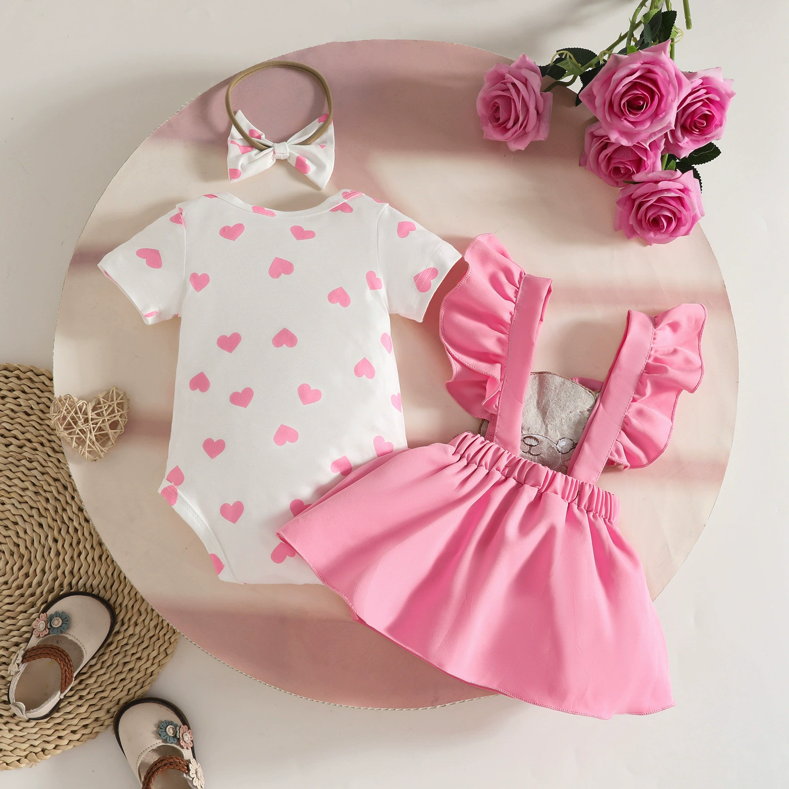 2026 Baby Girl 3PCS Outfit Set Short Sleeve Heart Printed Romper for 0-18 Months Baby Girls Bodysuit Bear Strapless Dress with Bow Headband Infant Clothes