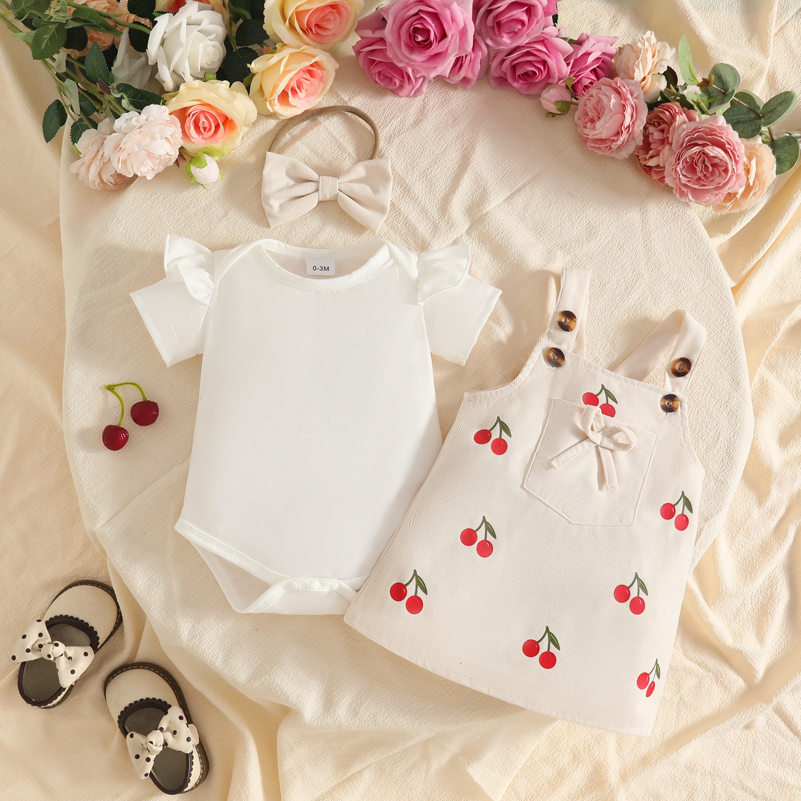 3PCS Baby Girl Summer Outfit Set Solid Color Short Sleeve Romper Bow Print Suspender Dress and Headband Baby Clothes Girl Clothing Set