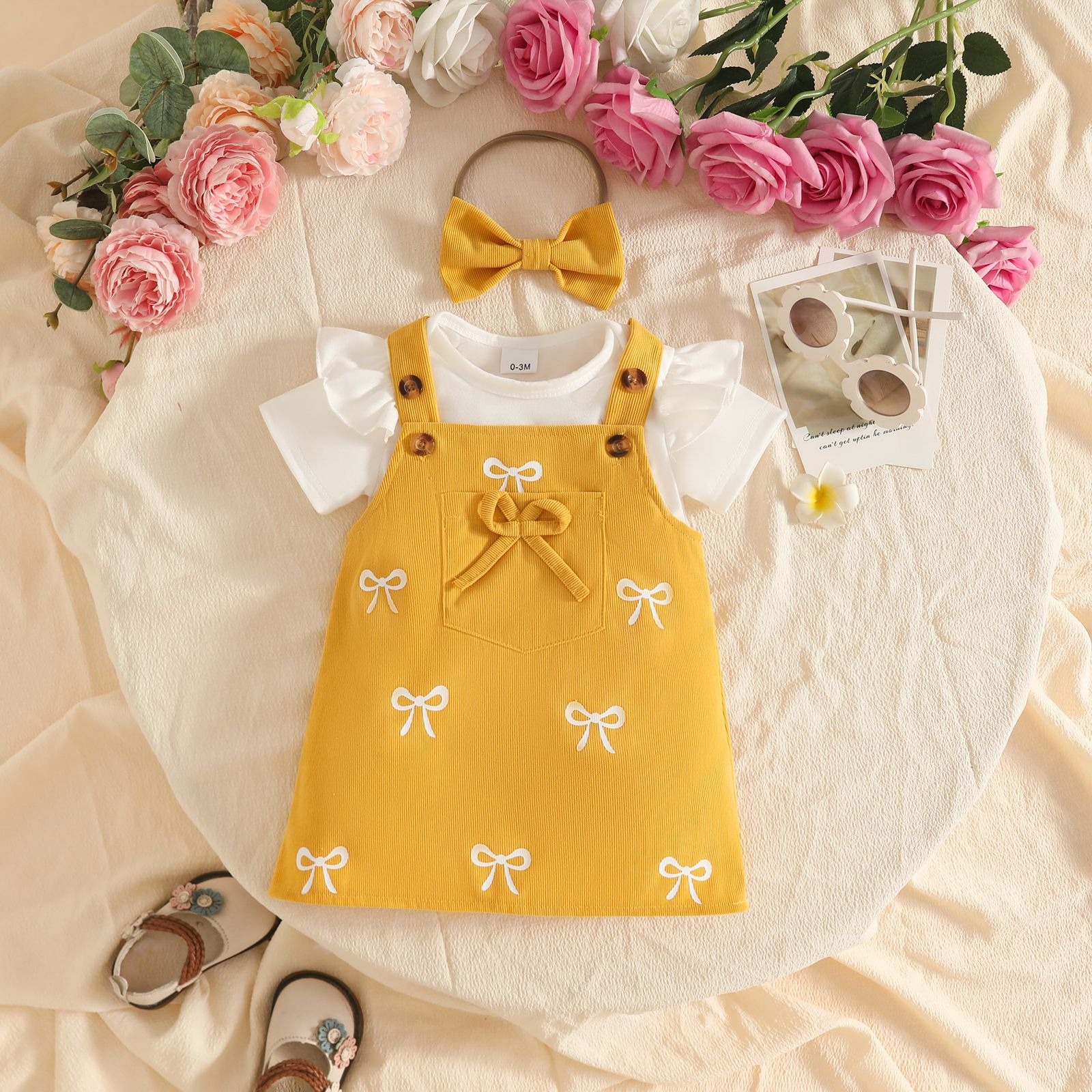 3PCS Baby Girl Summer Outfit Set Solid Color Short Sleeve Romper Bow Print Suspender Dress and Headband Baby Clothes Girl Clothing Set