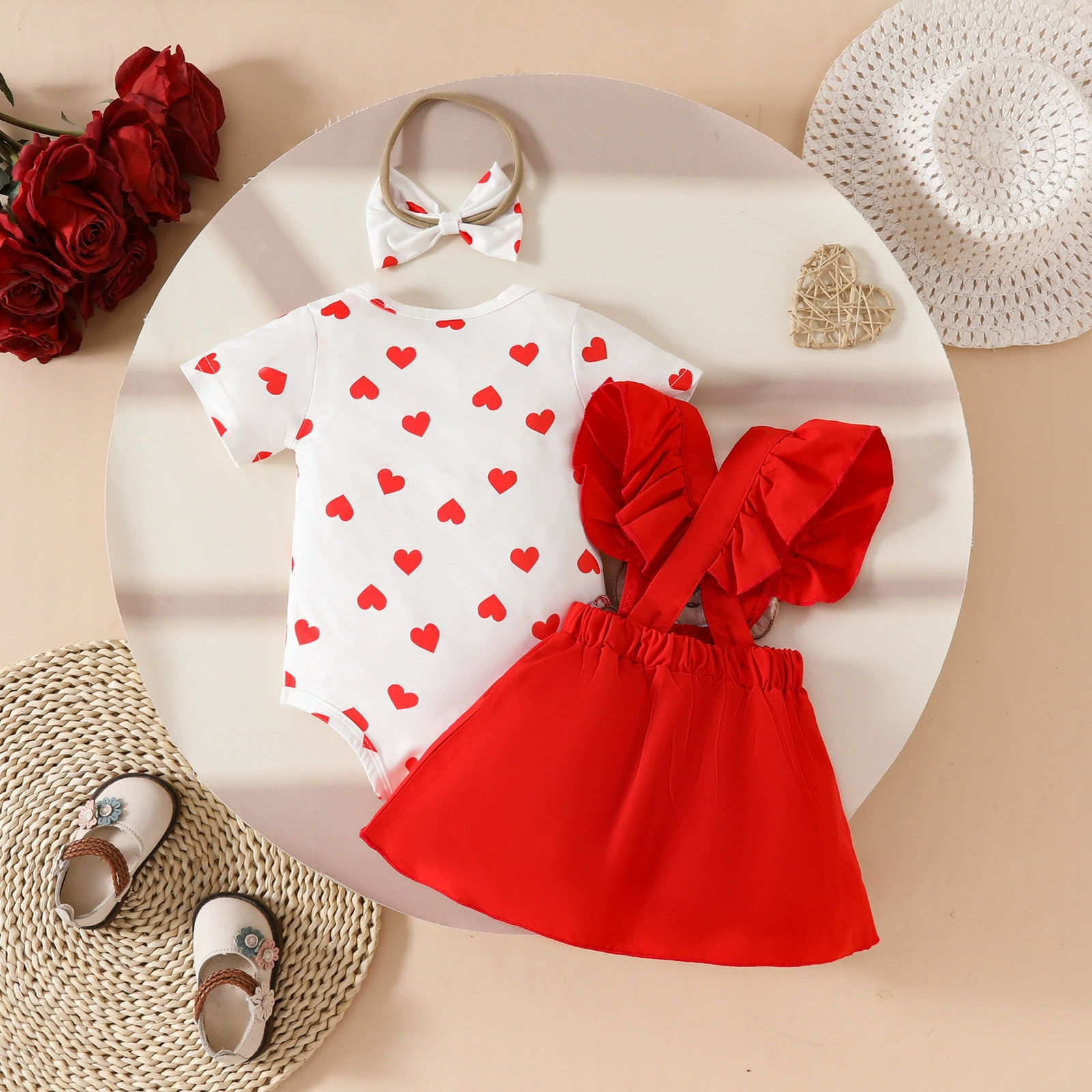 2026 Baby Girl 3PCS Outfit Set Short Sleeve Heart Printed Romper for 0-18 Months Baby Girls Bodysuit Bear Strapless Dress with Bow Headband Infant Clothes