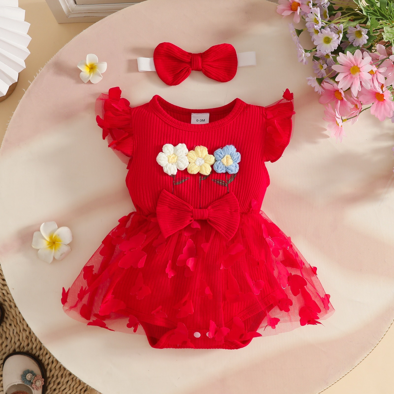 Baby Clothes Baby Girl 2PCS Floral Ruffle Sleeve Romper Dress Set Ribbed Triangle Bodysuit with Bow Skirt Hem and Headband Outfit Baby Girls Sets