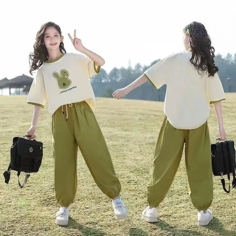 4-12 Years Girl Clothes 2PCS Girls Clothing Set Short Sleevel T-shirt with Long Pants Outfit Girl Top and Cuffed Trousers Casual Sports Clothes for Big Kids