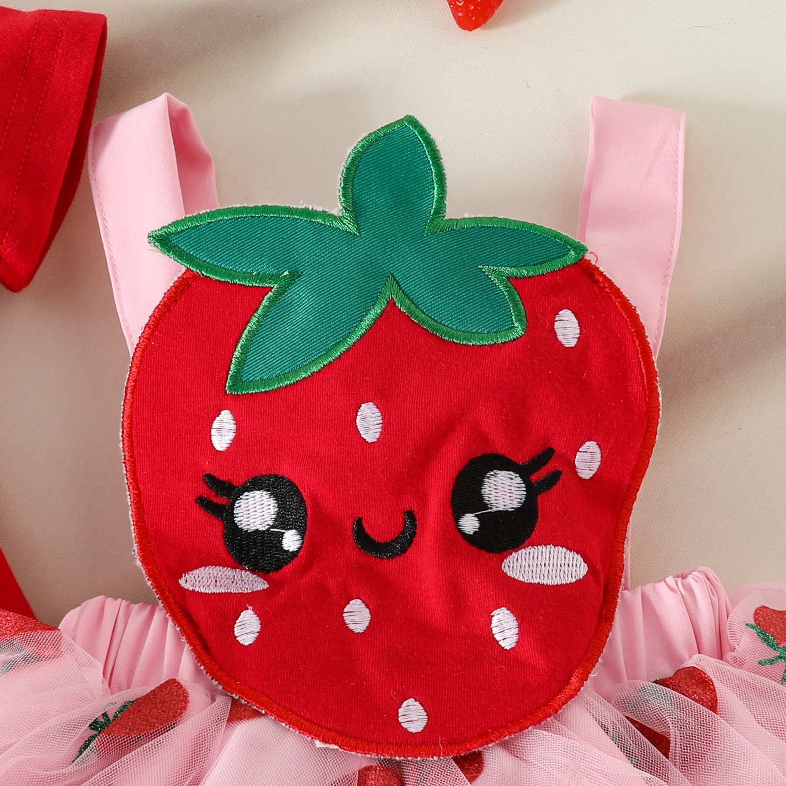 3PCS Outfit Set Newborn Baby Girl Strawberry Floral Short Sleeve Romper Mesh Tutu Suspender Dress with Headband  for 0-1 Year Baby Girl Clothes Girls Clothing Set