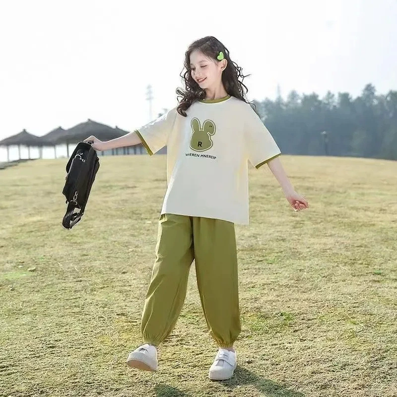 4-12 Years Girl Clothes 2PCS Girls Clothing Set Short Sleevel T-shirt with Long Pants Outfit Girl Top and Cuffed Trousers Casual Sports Clothes for Big Kids