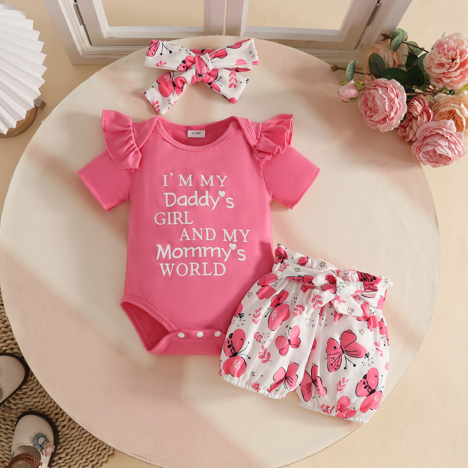 Baby Short Sleeve Bodysuit with Shorts and Bowknot Headband  for 0-12 Months Baby Girls Alphabet Top Butterfly Printed Cute Shorts 3 Piece Set Gir Clothes Kid Clothing Set