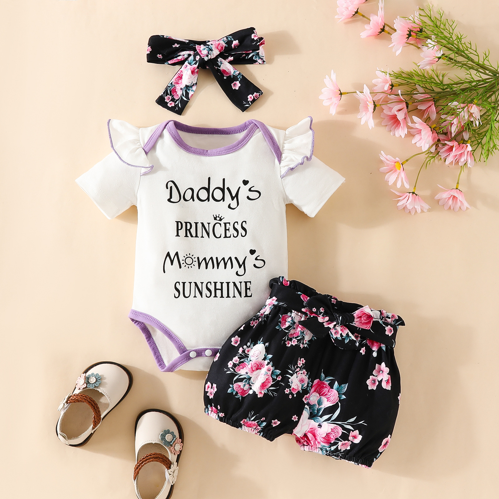 3 Piece Set Baby Short Sleeve Bodysuit with Shorts and Bowknot Headband for 0-12 Months Baby Girls Alphabet Jumpsuit Printed Cute Shorts Girl Clothes Kid Clothing Set
